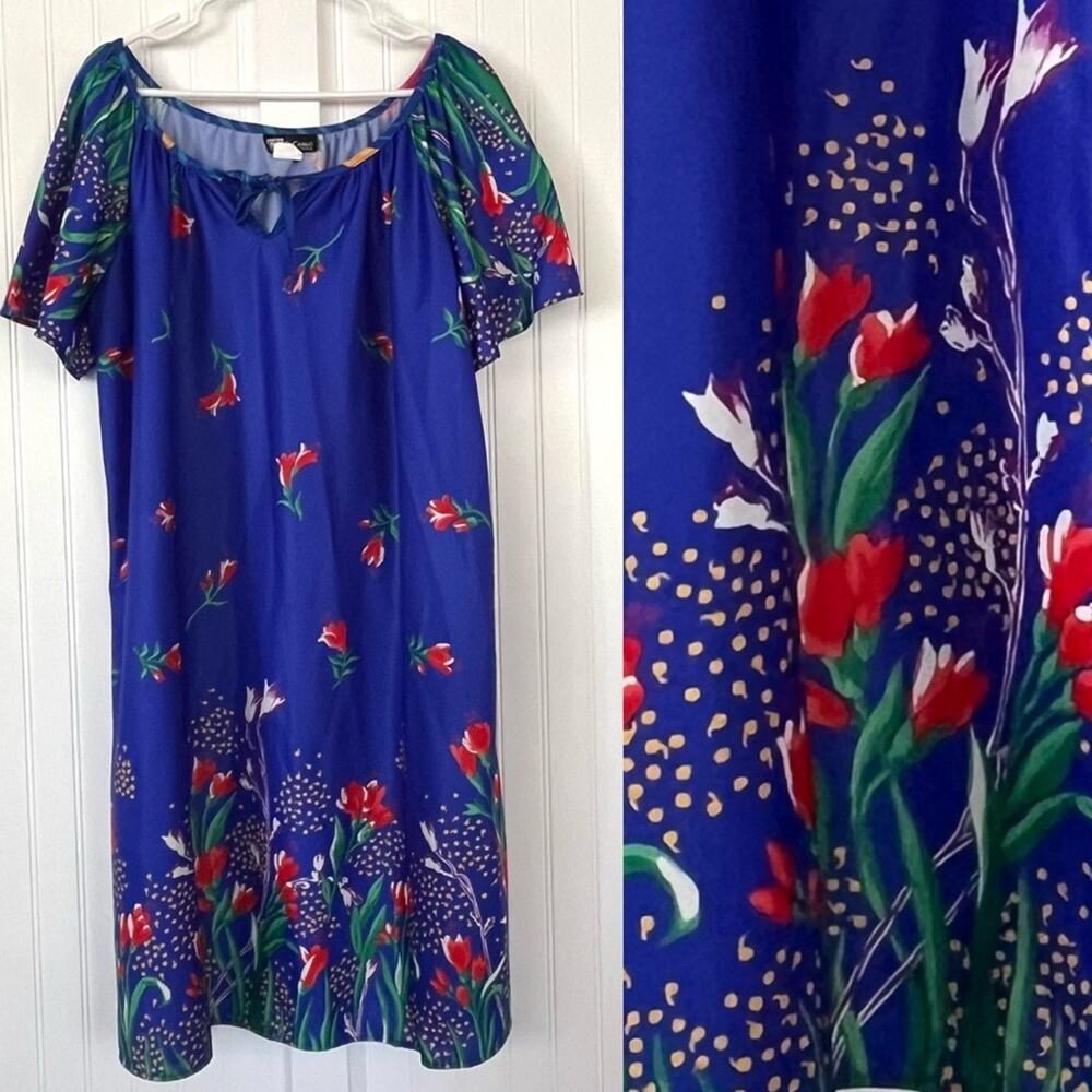 Vintage Blue Floral Maxi Dress House Dress Mumu Muu Muu Red Tulips 2XL Flowy